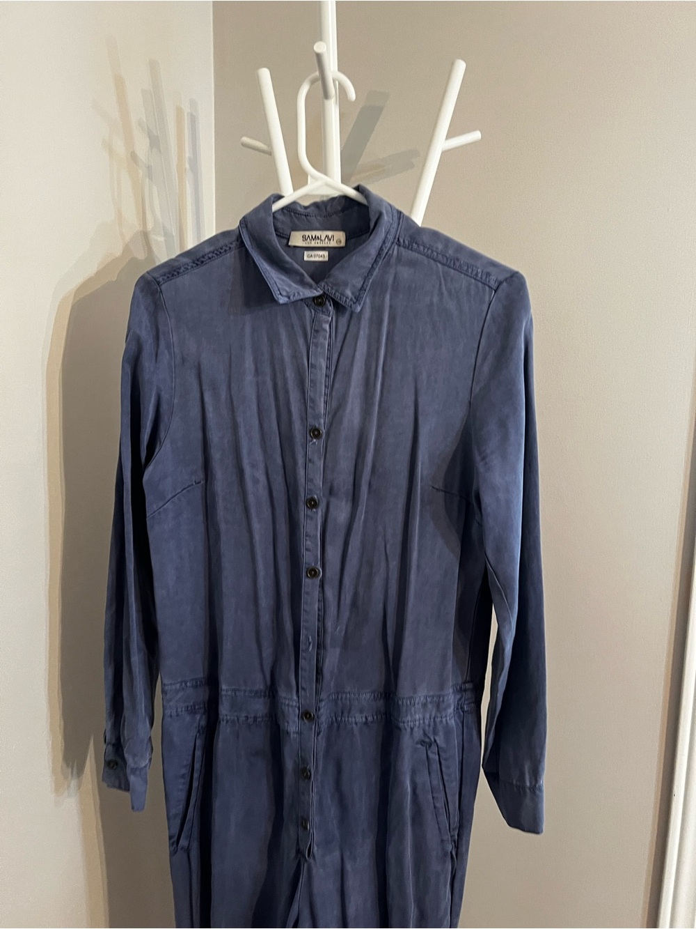 Denim Button-Front Long-Sleeve Jumpsuit - Picture 9 of 10